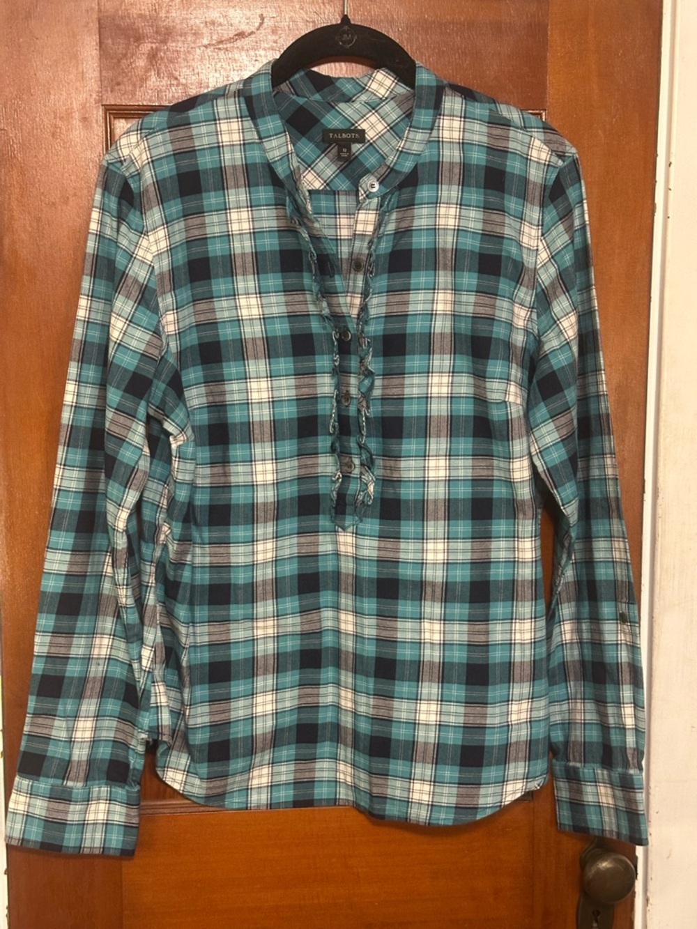 Talbots Teal, Navy & Cream Plaid Ruffle Blouse